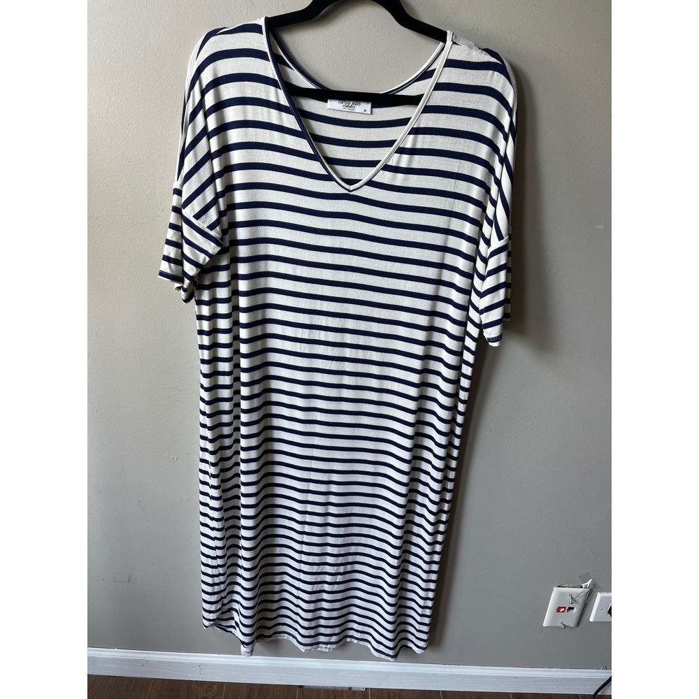 Carly Jean Los Angeles Striped V-Neck Midi T-Shirt Dress Navy White casual work